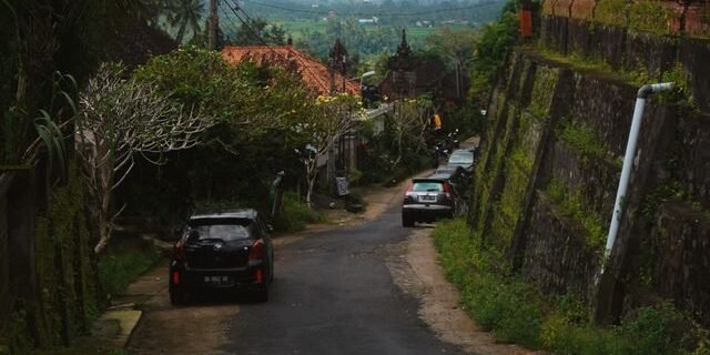 Serene Bali road view with temple and palm trees, ideal for travel inspiration.